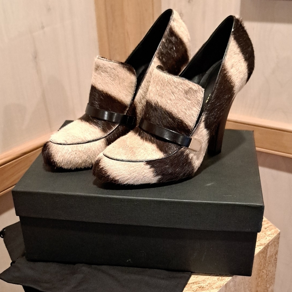 Faux Fur Two-Tone Brown & Cream High Heel Loafers